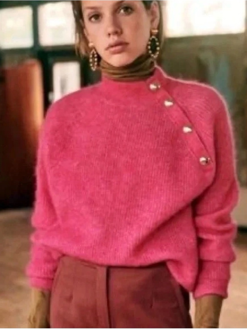 Sezane Trudy Sweater Size Small Mohair Merino Wool Button Accent Pullover